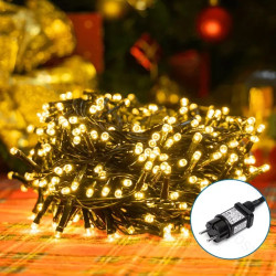 Zimne sznurkowe lampki choinkowe z 200 małymi diodami LED na ciemnozielonym przewodzie, czarny adapter zasilający