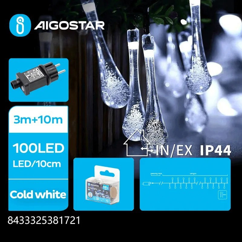 Liniowe lampki LED z 100 zimnymi białymi diodami w kształcie kropli deszczu, przewód przezroczysty, adapter czarny