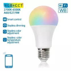 Biała żarówka LED z gwintem E27 o kształcie A60, na białym tle