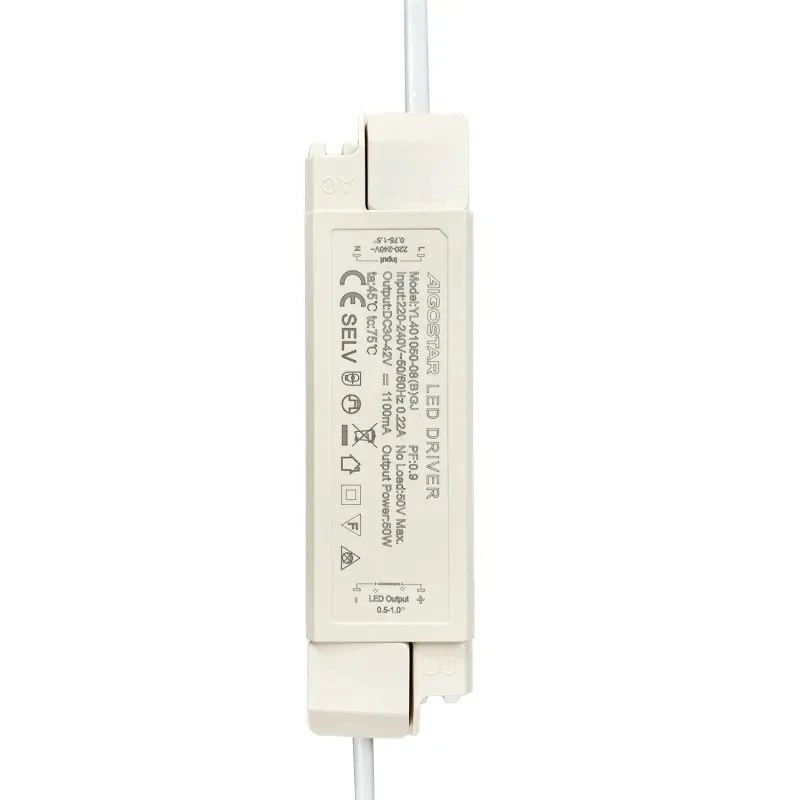 biały zasilacz LED Aigostar 50W z kablem, prostokątny kształt, oznaczenia techniczne na obudowie