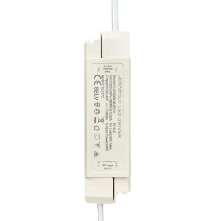 biały zasilacz LED Aigostar 50W z kablem, prostokątny kształt, oznaczenia techniczne na obudowie
