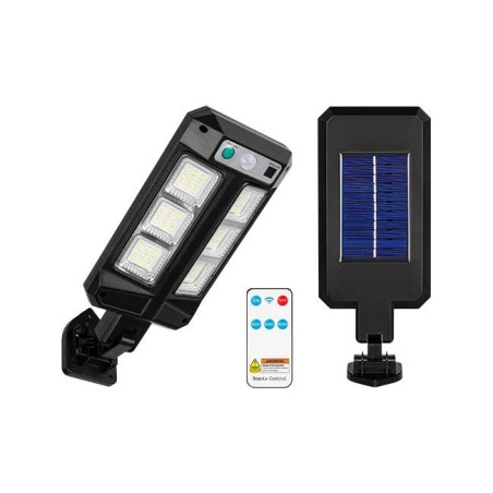czarna lampa solarna LED z panelem i czujnikiem ruchu oraz pilotem