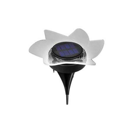 Czarna lampa solarna LED z białym kloszem przypominającym płatki kwiatów, z panelem słonecznym na górze