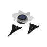 Czarna lampa solarna LED z białym kloszem przypominającym płatki kwiatów, z panelem słonecznym na górze