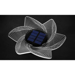 Czarna lampa solarna LED z białym kloszem przypominającym płatki kwiatów, z panelem słonecznym na górze