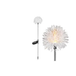 Lampa solarna LED z przezroczystym kloszem w kształcie dmuchawca na wbijanym stojaku z panelem solarnym