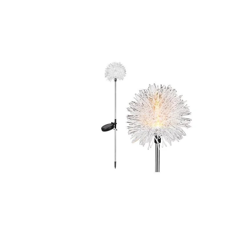 Lampa solarna LED z przezroczystym kloszem w kształcie dmuchawca na wbijanym stojaku z panelem solarnym