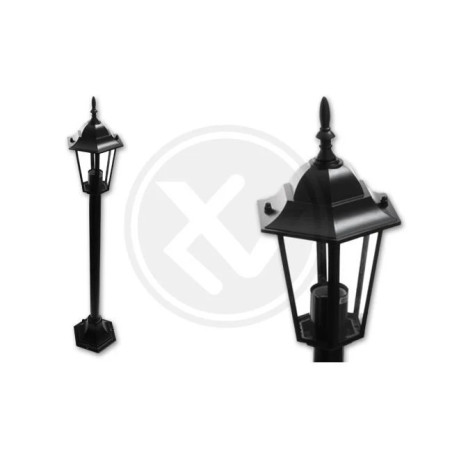 Czarna stojąca lampa ogrodowa z metalową podstawą i przezroczystym kloszem