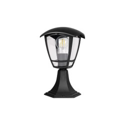 Czarna stojąca lampa ogrodowa z przezroczystym kloszem i widoczną żarówką