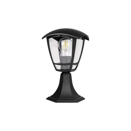 Czarna stojąca lampa ogrodowa z przezroczystym kloszem i widoczną żarówką