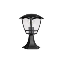 Czarna stojąca lampa ogrodowa z przezroczystym kloszem i widoczną żarówką