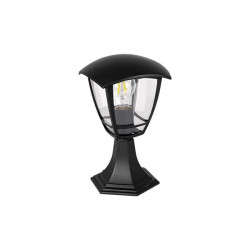 Czarna stojąca lampa ogrodowa z przezroczystym kloszem i widoczną żarówką