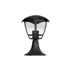 Czarna stojąca lampa ogrodowa z przezroczystym kloszem i widoczną żarówką