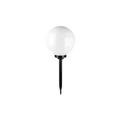 Lampa solarna LED z kulistym białym kloszem i czarnym mocowaniem do wbicia w ziemię