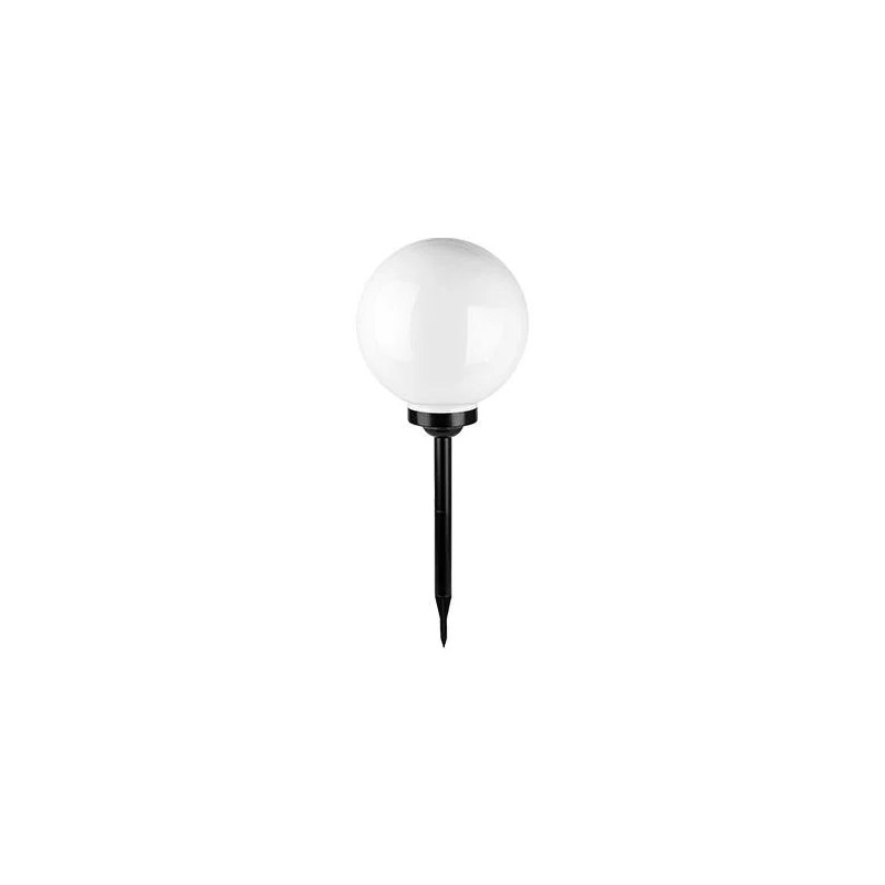 Lampa solarna LED z kulistym białym kloszem i czarnym mocowaniem do wbicia w ziemię