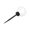 Lampa solarna LED w kształcie białej kuli na czarnym stojaku z grotem