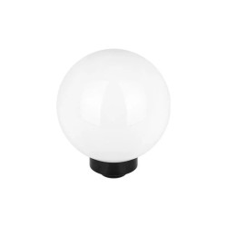 Lampa solarna LED w kształcie białej kuli na czarnym stojaku z grotem