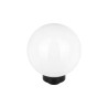 Lampa solarna LED w kształcie białej kuli na czarnym stojaku z grotem
