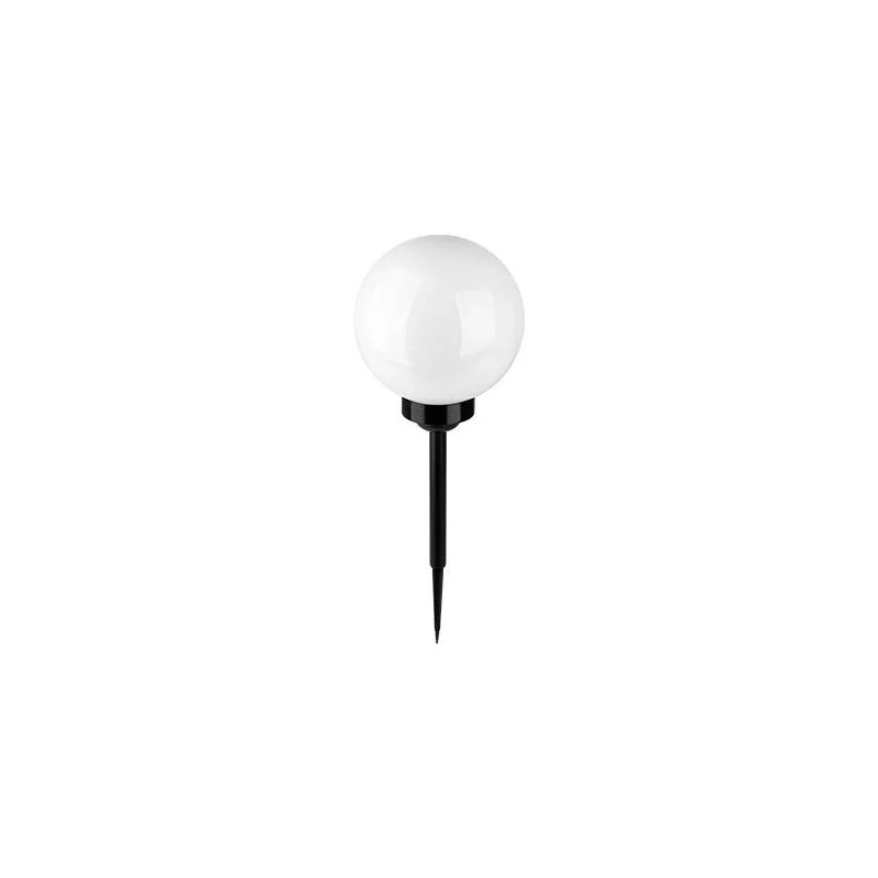 Lampa solarna LED o kulistym kształcie z czarnym trzonkiem i białą kopułą, długość około 20 cm