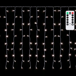 Kurtyna świetlna LED z zimnym białym światłem, 150 diod, z pilotem i przezroczystym przewodem