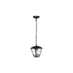 czarna wisząca lampa ogrodowa z łańcuchem i przezroczystym kloszem