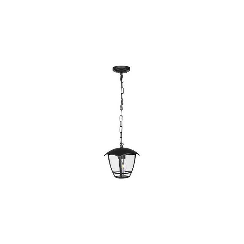 czarna wisząca lampa ogrodowa z łańcuchem i przezroczystym kloszem