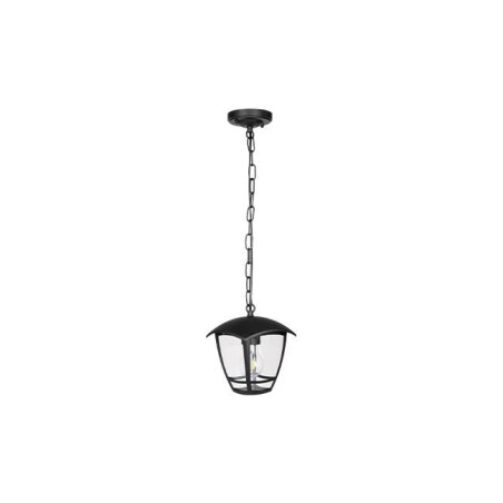 czarna wisząca lampa ogrodowa z łańcuchem i przezroczystym kloszem
