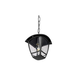 czarna wisząca lampa ogrodowa z łańcuchem i przezroczystym kloszem