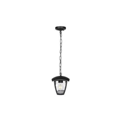 czarna wisząca lampa ogrodowa z łańcuchem i przezroczystym kloszem