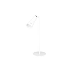 biała lampa biurkowa LED z ruchomą głowicą i długim ramieniem