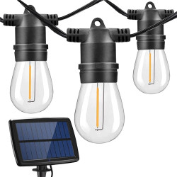 Czarne oprawki girlandy LED z przezroczystymi żarówkami i panel solarny z kablem