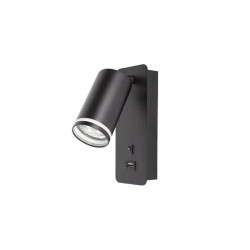 czarny matowy kinkiet ścienny z regulowaną głowicą i portami USB