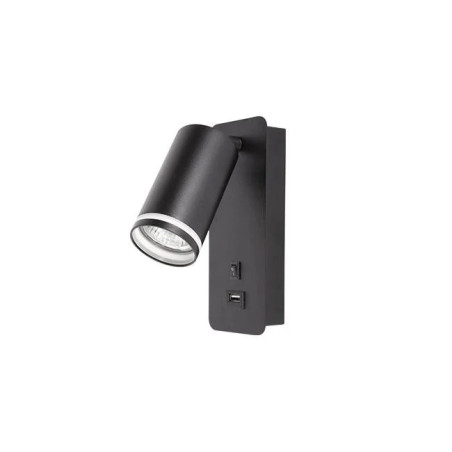 czarny matowy kinkiet ścienny z regulowaną głowicą i portami USB