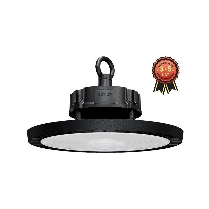 czarna lampa LED High Bay 150W z pierścieniem do zawieszenia, widok z boku i z góry