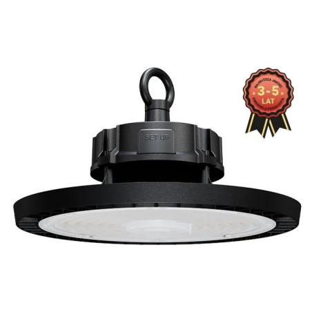 czarna lampa LED High Bay 150W z pierścieniem do zawieszenia, widok z boku i z góry