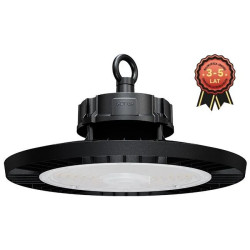 Czarna lampa LED High Bay 200W z trzonkiem GU10, widok z boku i z dołu