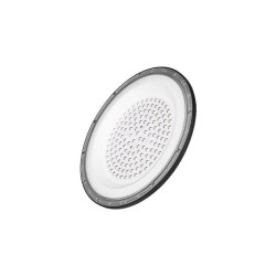 okrągła lampa LED High Bay 100W z białym kloszem i czarną obudową, widok z przodu i tyłu
