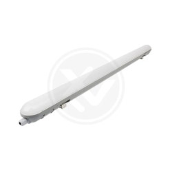 Lampa liniowa LED o wąskim, podłużnym kształcie z białą obudową i przezroczystym kloszem