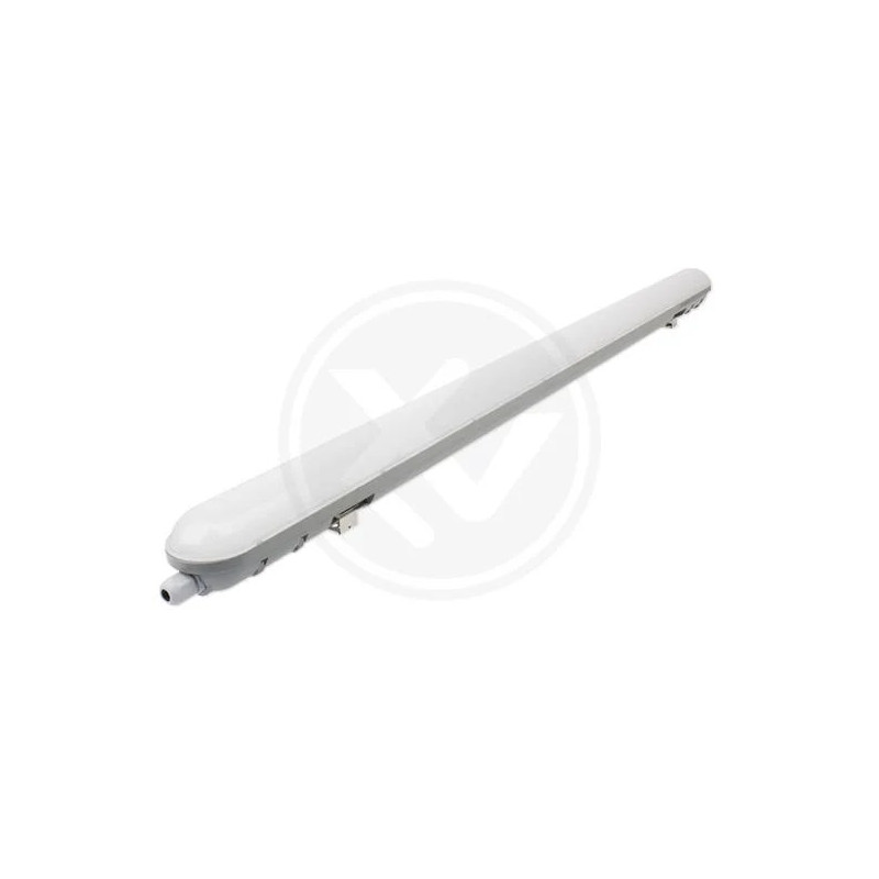 Lampa liniowa LED o wąskim, podłużnym kształcie z białą obudową i przezroczystym kloszem