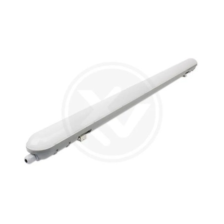 Lampa liniowa LED o wąskim, podłużnym kształcie z białą obudową i przezroczystym kloszem