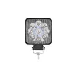 cuboidalna lampa robocza LED 27W o czarnej obudowie z 9 diodami, uchwyt montażowy i kabel zasilający