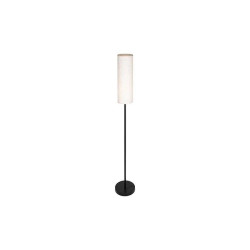Lampa podłogowa z czarną podstawą i białym cylindrycznym abażurem z tkaniny
