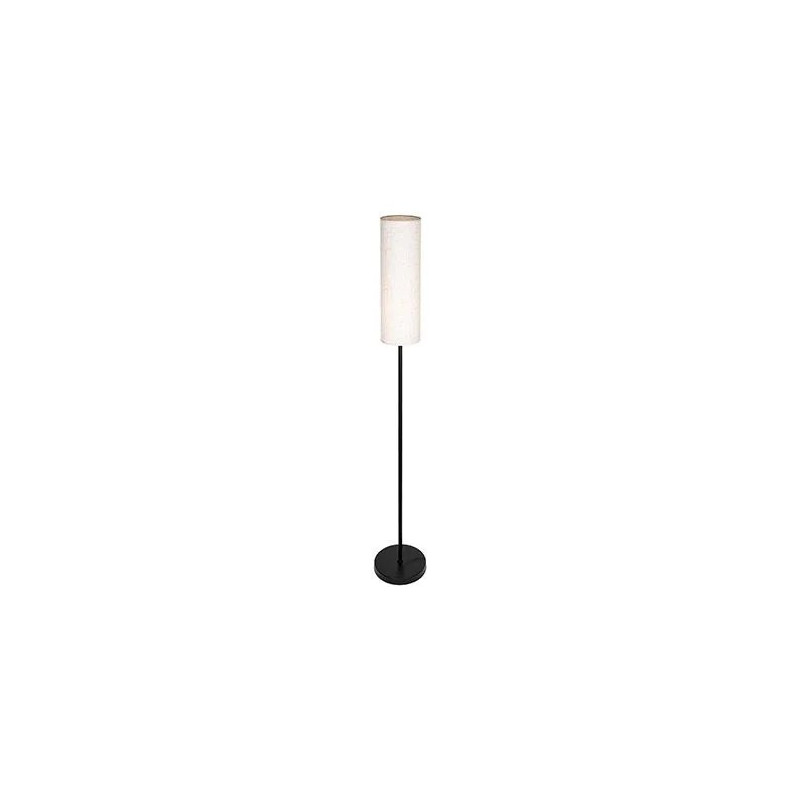Lampa podłogowa z czarną podstawą i białym cylindrycznym abażurem z tkaniny