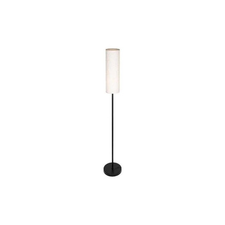 Lampa podłogowa z czarną podstawą i białym cylindrycznym abażurem z tkaniny
