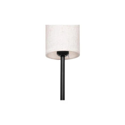 Lampa podłogowa z czarną podstawą i białym cylindrycznym abażurem z tkaniny