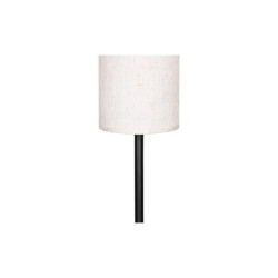 Lampa podłogowa z czarną podstawą i białym cylindrycznym abażurem z tkaniny