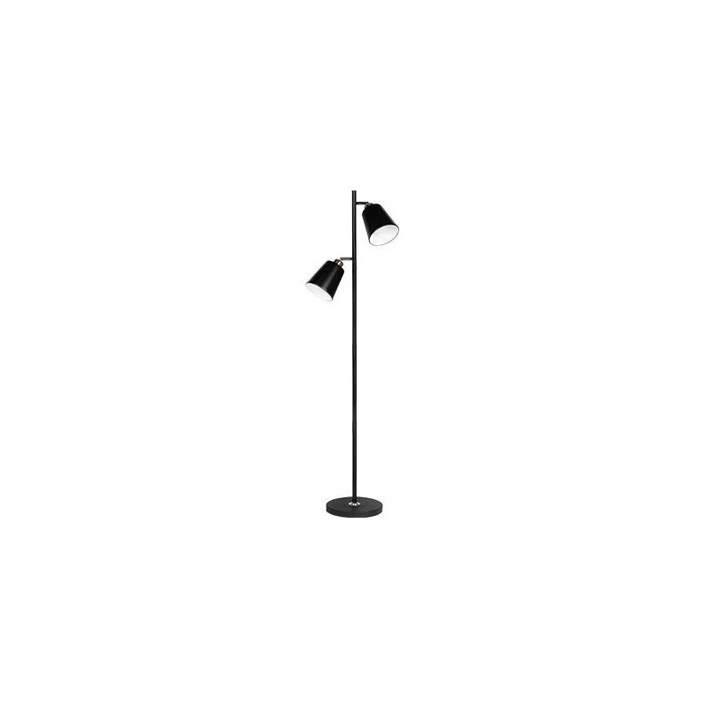 lampa podłogowa czarna z dwoma regulowanymi kloszami i złotymi elementami wykończenia