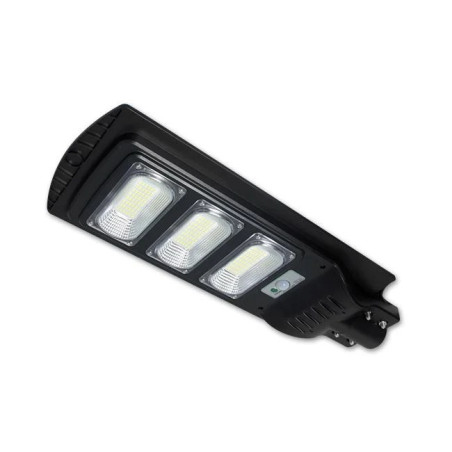 Czarna lampa solarna LED 150W z trzema modułami i czujnikiem ruchu