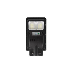 Czarna lampa LED solarna z panelem solarnym i pilotem, widok z przodu i z tyłu