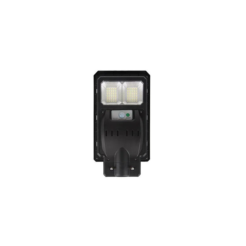 Czarna lampa LED solarna z panelem solarnym i pilotem, widok z przodu i z tyłu